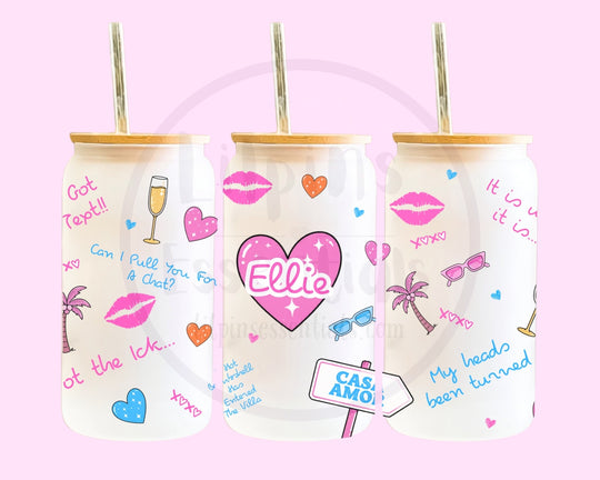 Personalised girls holiday 16oz glass tumbler with name and colourful holiday-themed artwork