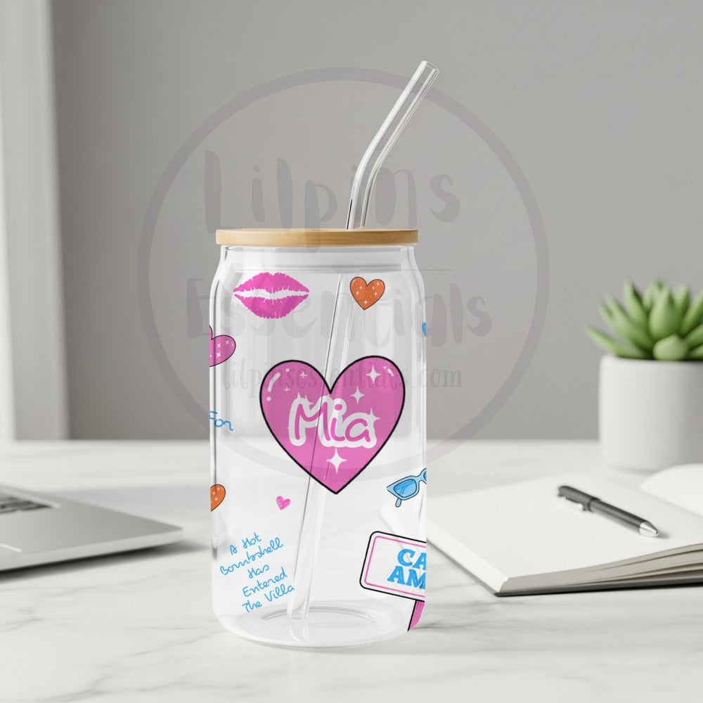 Personalised girls holiday glass tumbler on a desk with a name printed on the front