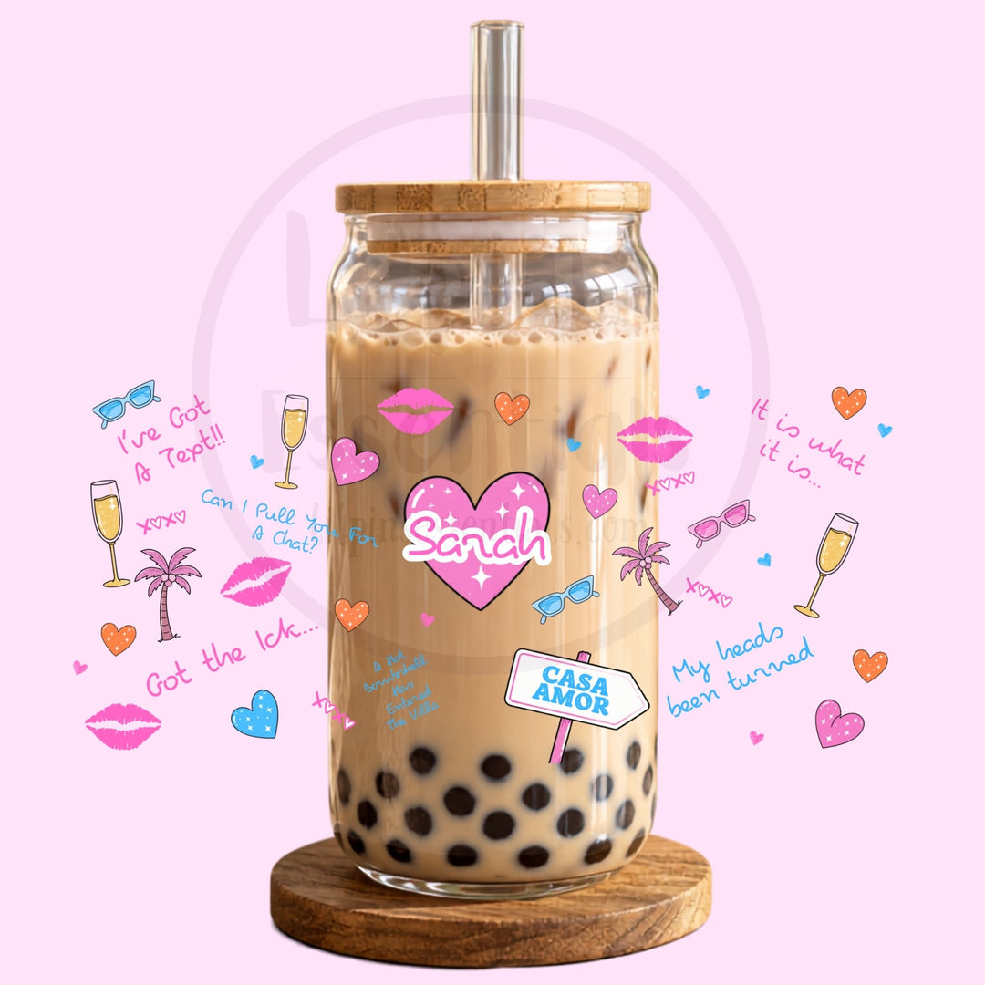 Personalised girls holiday glass tumbler filled with an iced drink and printed with a custom name