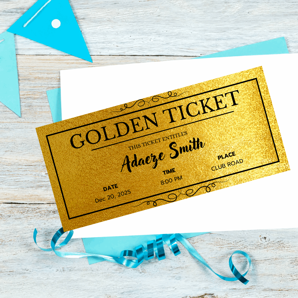 personalised golden ticket invitations custom event voucher