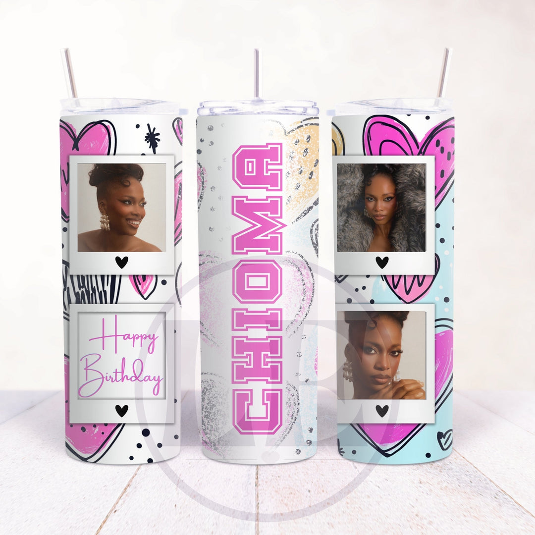 Personalised Happy Birthday 20oz tumbler with three photos and name