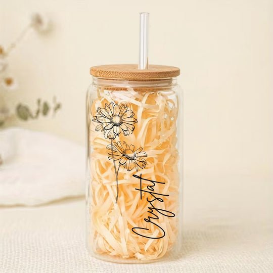 Personalised clear birth flower glass tumbler with name