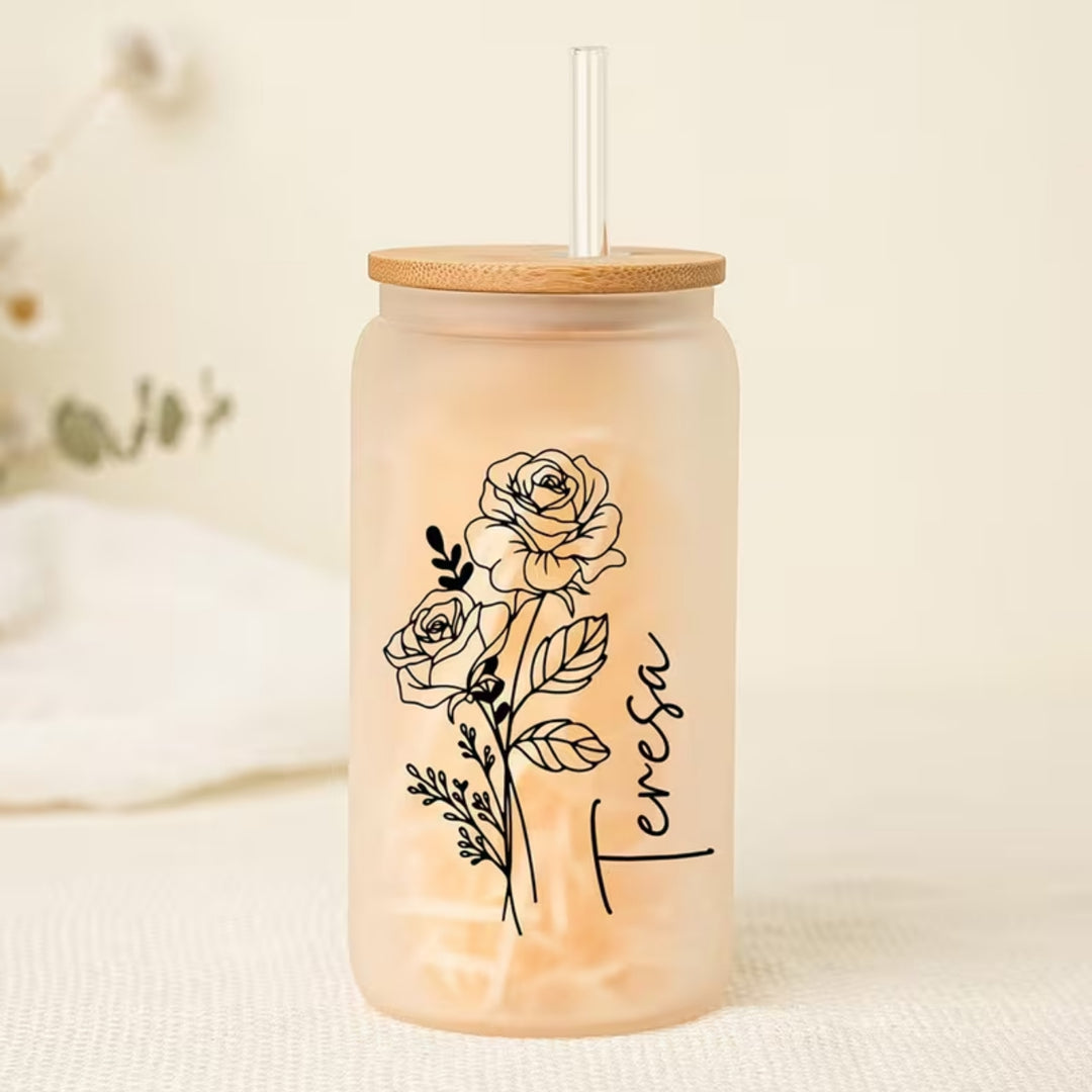 Personalised frosted birth flower glass tumbler with name