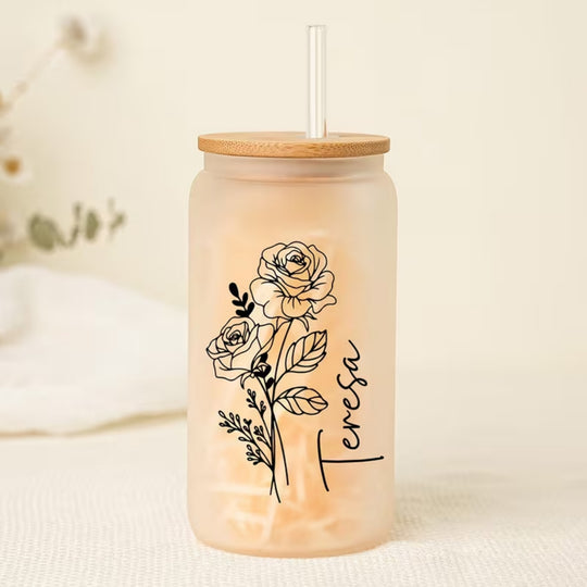 Personalised frosted birth flower glass tumbler with name