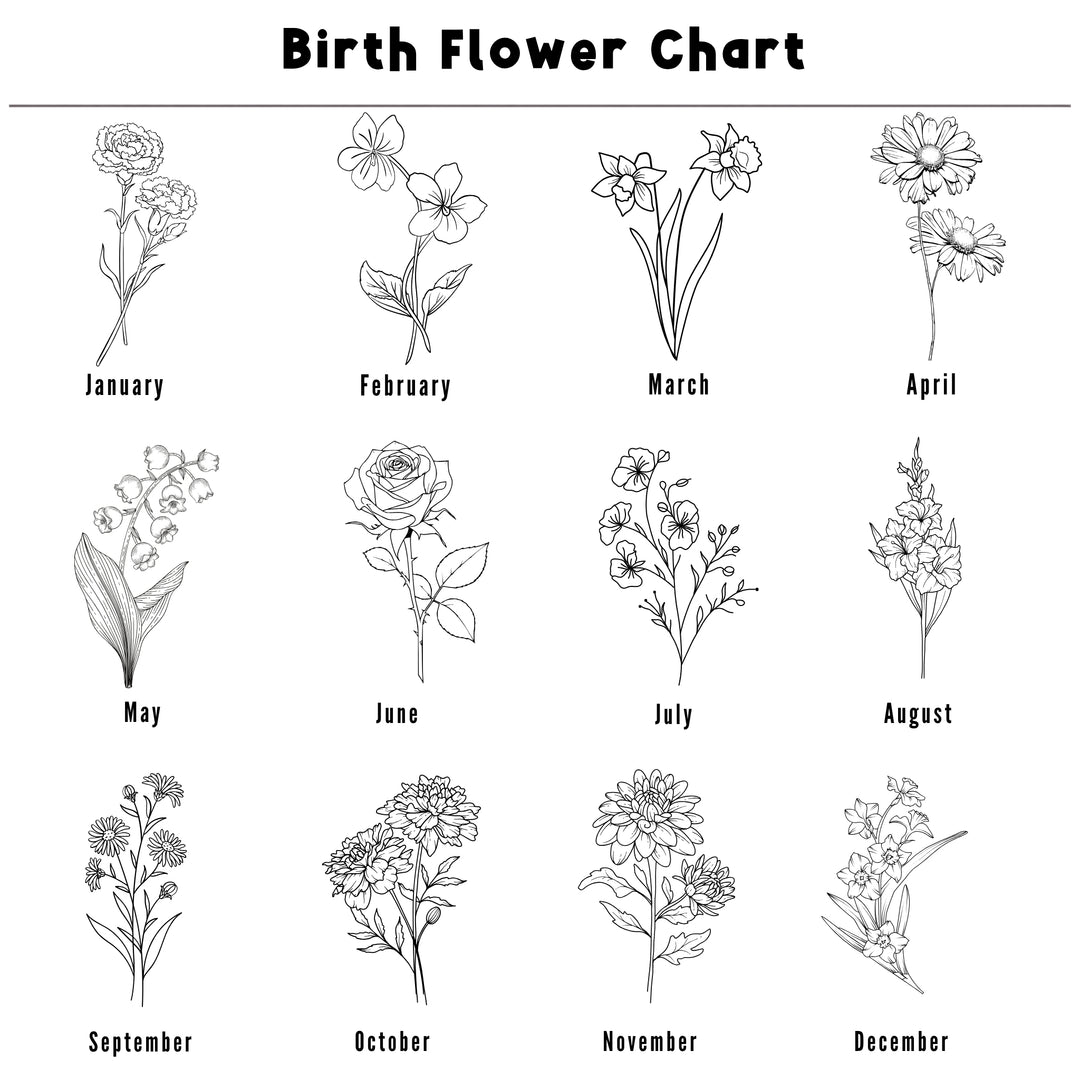 Birth flower guide with flower designs for January to December