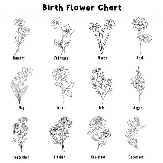 Birth flower guide with flower designs for January to December