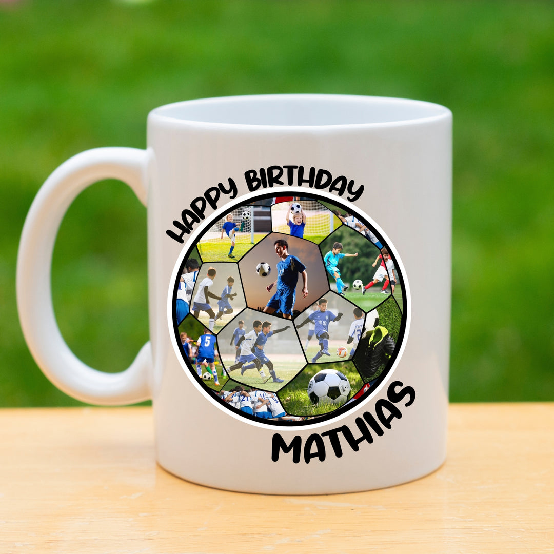 White polymer kids football photo mug with personalised collage and name