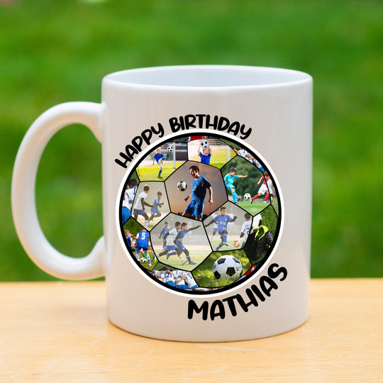 White polymer kids football photo mug with personalised collage and name