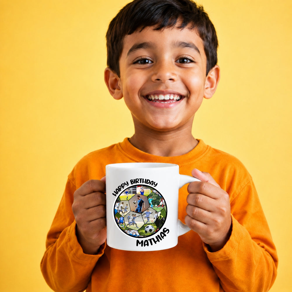 Child holding personalised football photo birthday mug with custom name