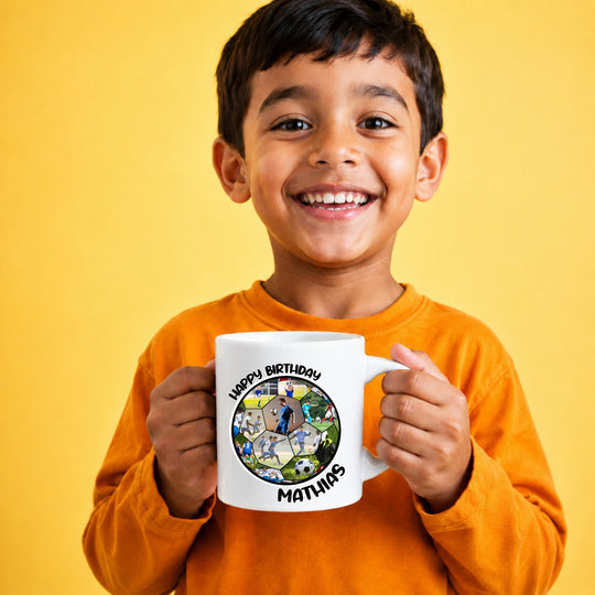 Child holding personalised football photo birthday mug with custom name