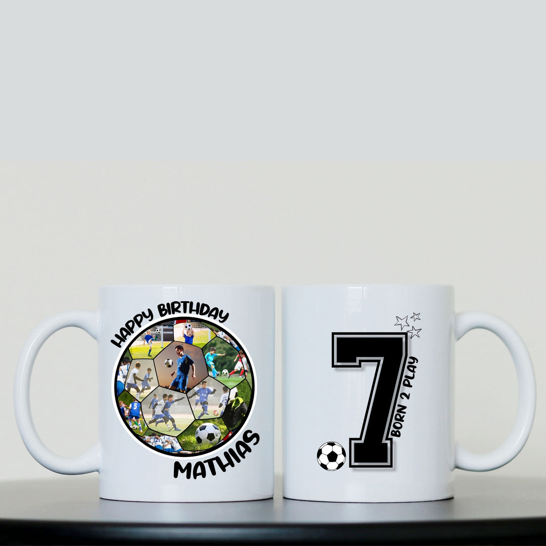 Front and back of personalised kids football photo mug with collage, name and age design