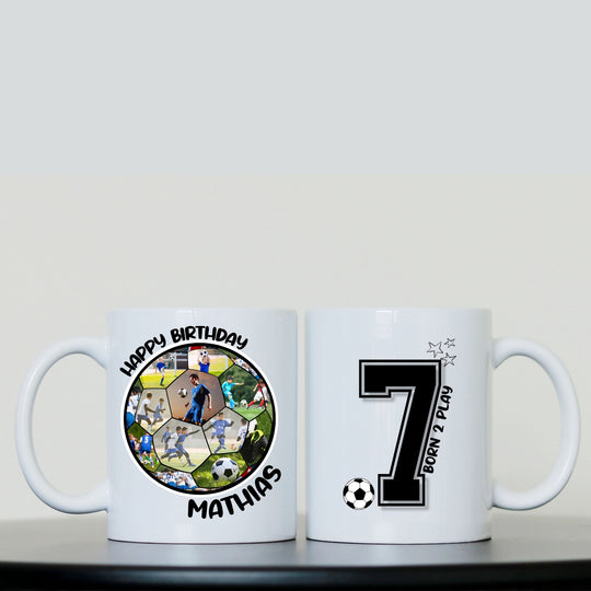 Front and back of personalised kids football photo mug with collage, name and age design