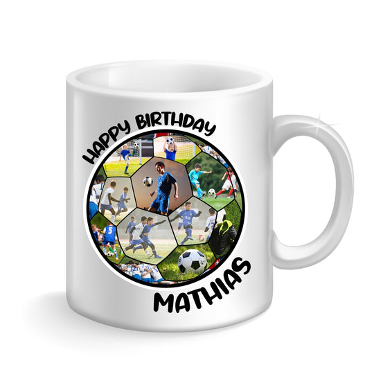 White polymer kids football photo mug with personalised collage and name
