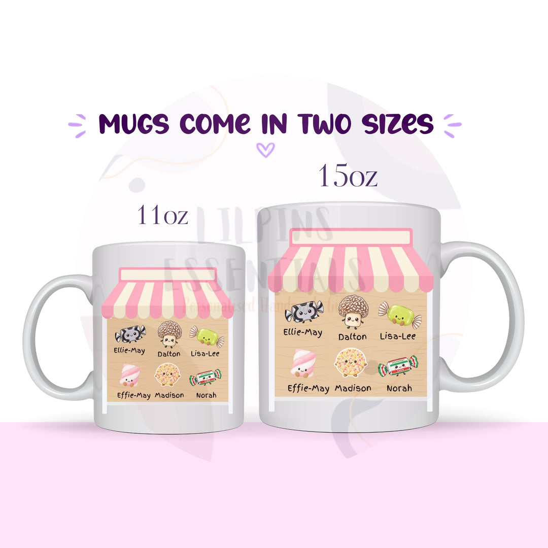 Personalised Little Sweeties mug size guide showing 11oz and 15oz options