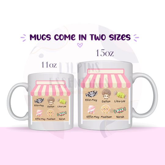 Personalised Little Sweeties mug size guide showing 11oz and 15oz options