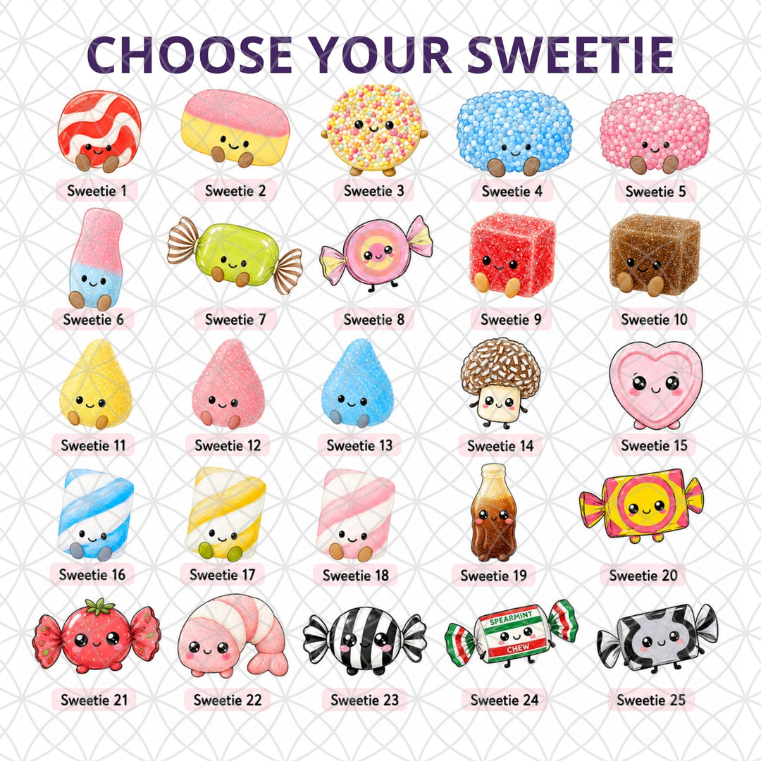 Twenty-five sweetie character options for personalised Little Sweeties mug