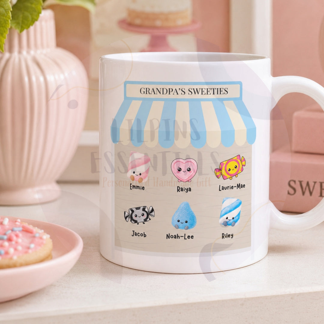 Personalised Little Sweeties mug showing options for one to six names