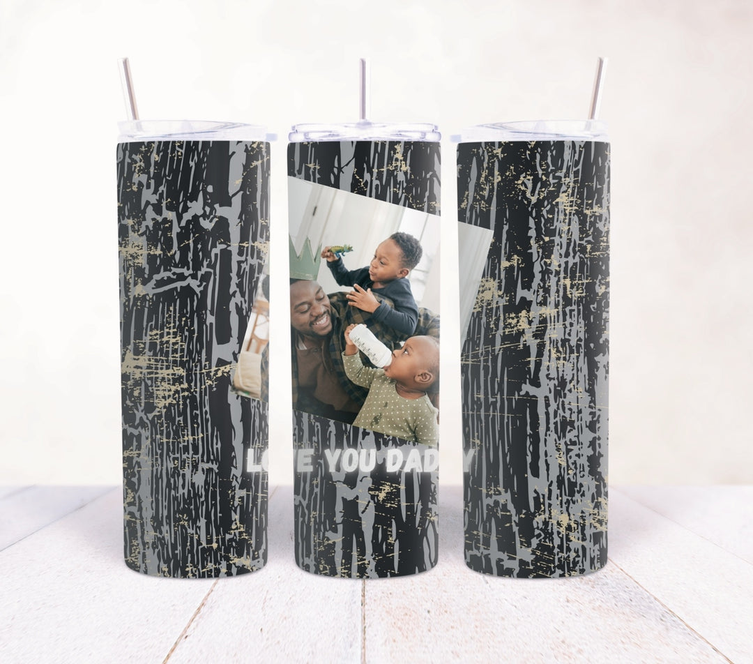 Personalised Love You Dad 20oz tumbler with family photo and black drip design