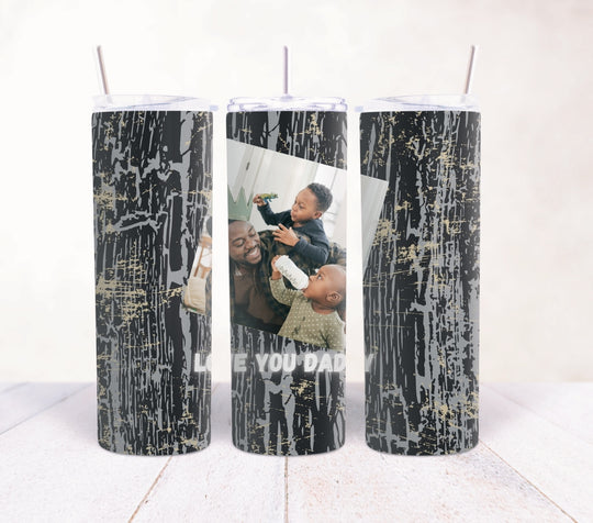 Personalised Love You Dad 20oz tumbler with family photo and black drip design