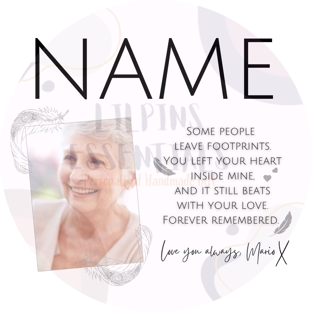 Personalised memorial mug design with photo of an older woman and heartfelt footprints remembrance verse