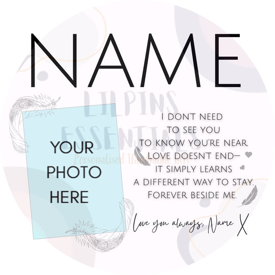 Personalised memorial mug template with photo space and Forever Beside Me remembrance verse