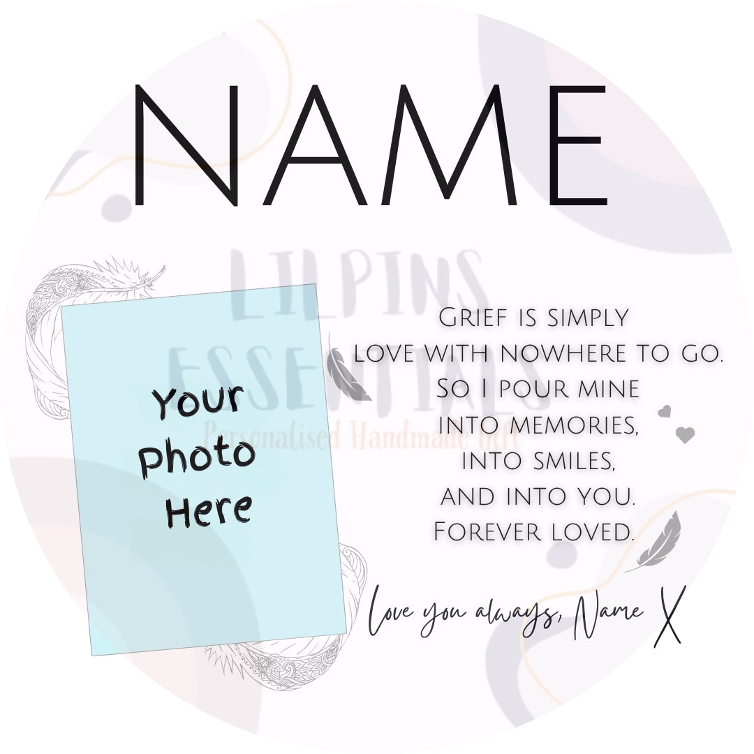 Personalised memorial mug template with photo space and Grief Is Simply Love remembrance verse