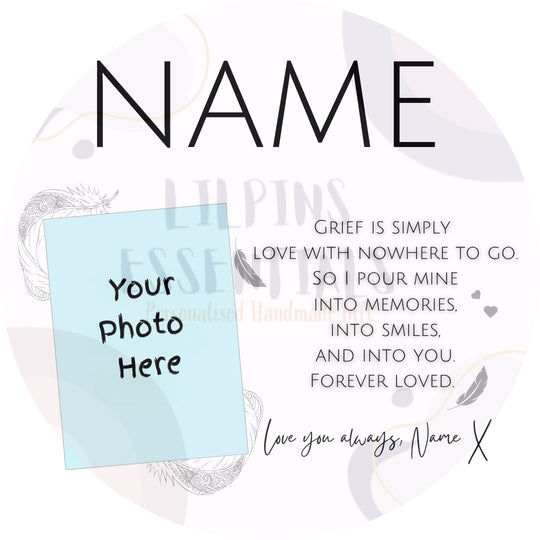 Personalised memorial mug template with photo space and Grief Is Simply Love remembrance verse