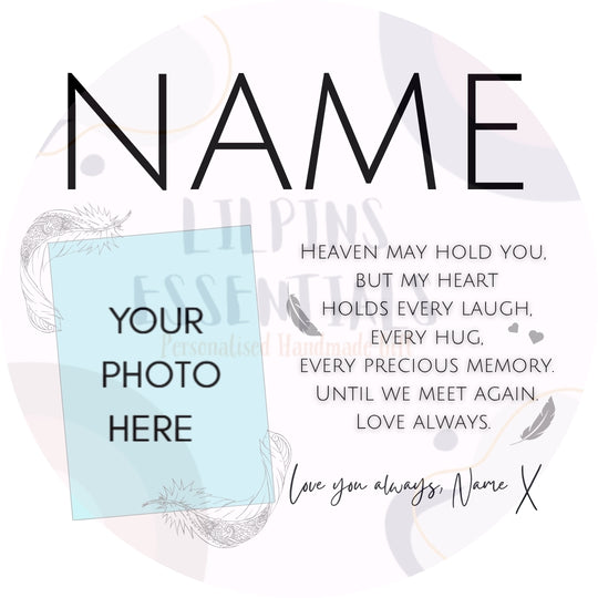 Personalised memorial mug template with photo space and Heaven May Hold You remembrance verse
