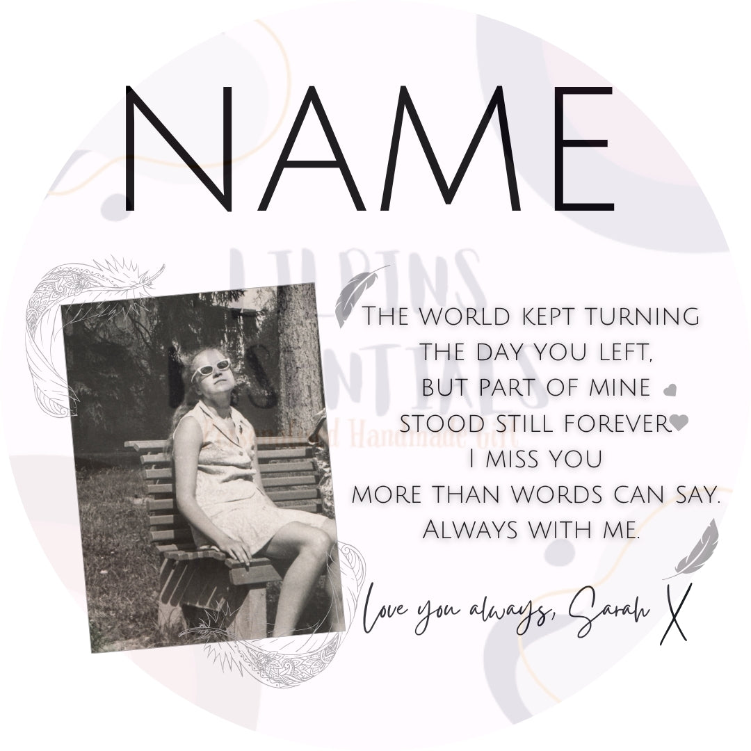 Personalised memorial mug design with vintage black and white photo and Always With Me remembrance verse