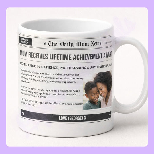 personalised mug for mum gift idea with newspaper design