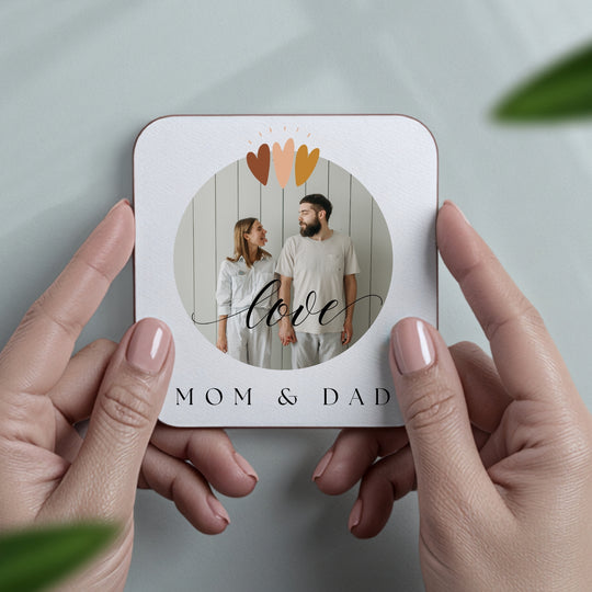 Personalised square Mum and Dad photo coaster with circular picture and Love design