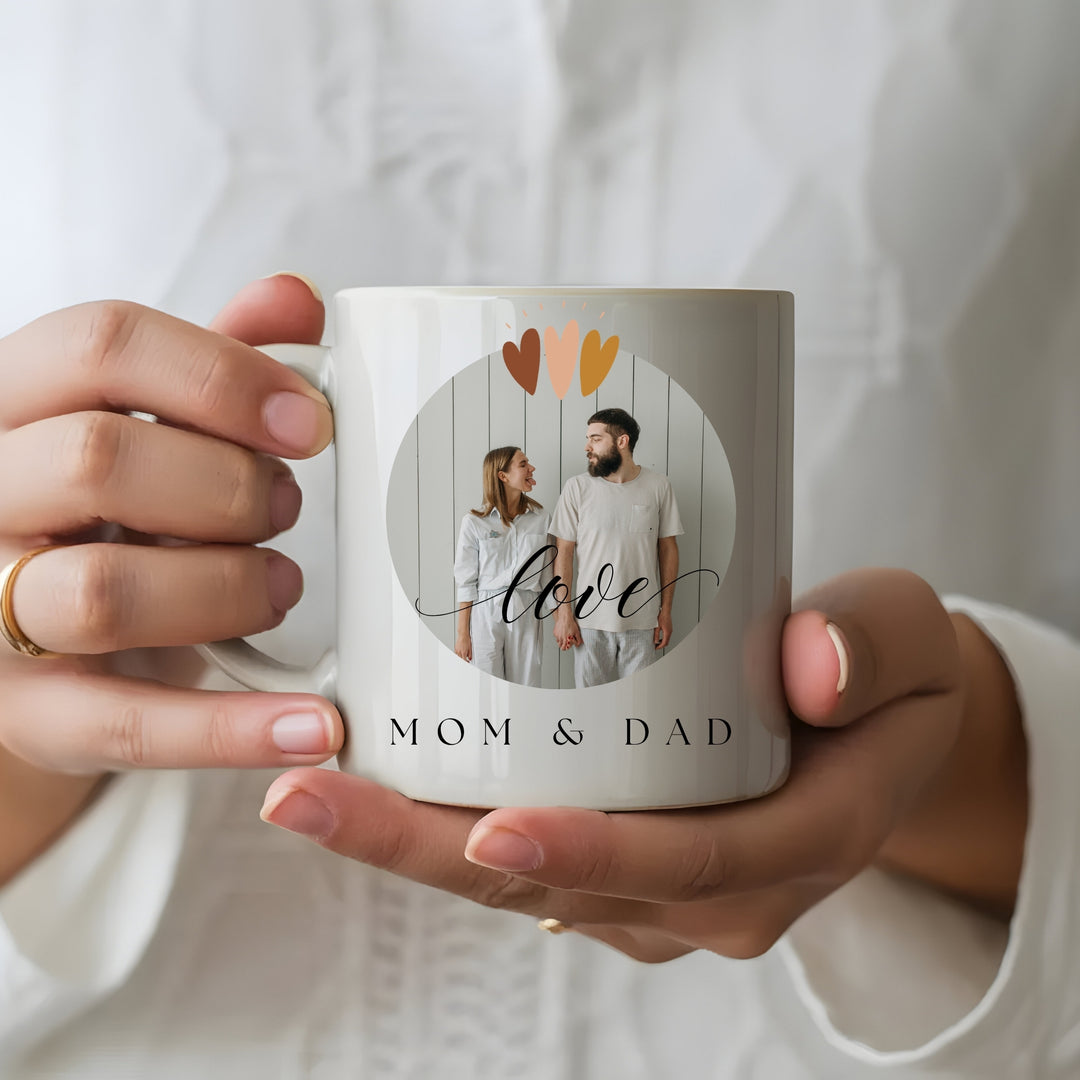 Personalised Mum and Dad photo mug displayed as a keepsake gift
