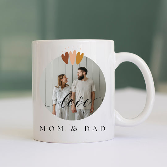 Personalised Mum and Dad photo mug with heart details and Love design