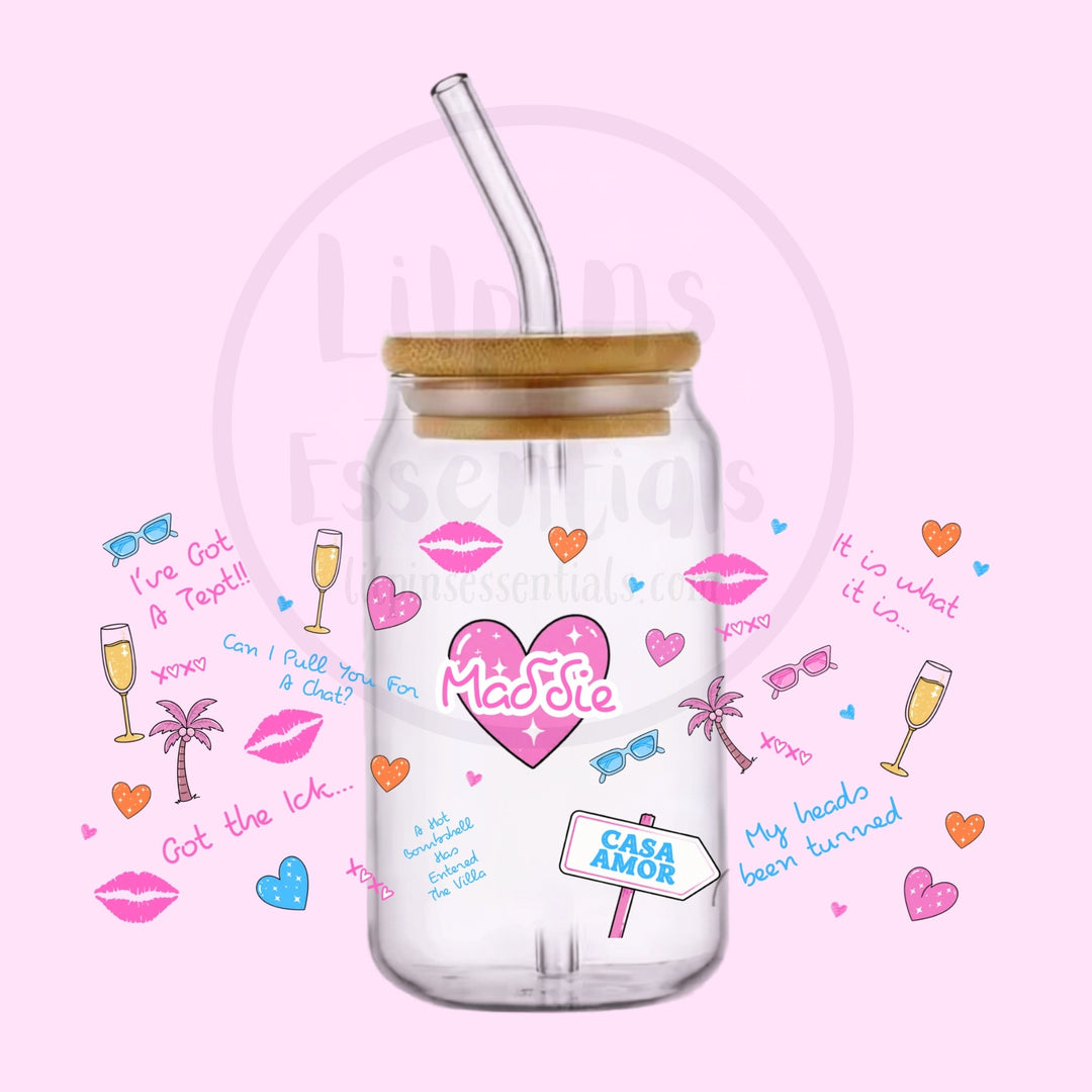 Personalised holiday glass tumbler with a custom name on the front and colourful icons