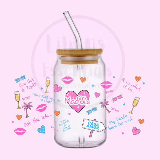 Personalised holiday glass tumbler with a custom name on the front and colourful icons