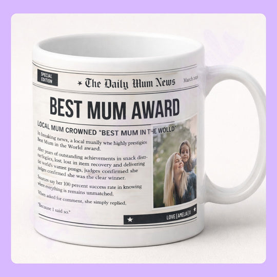personalised newspaper mug for mum with photo and headline
