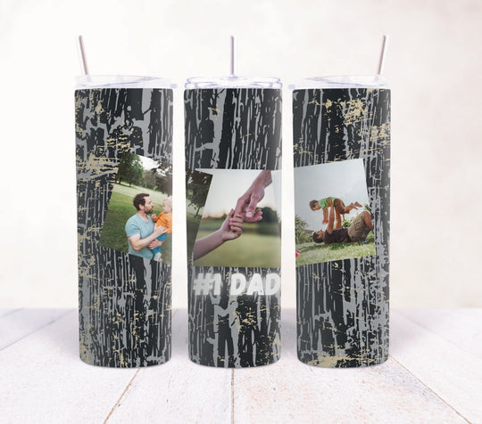 Personalised number one Dad 20oz tumbler with three photo collage design