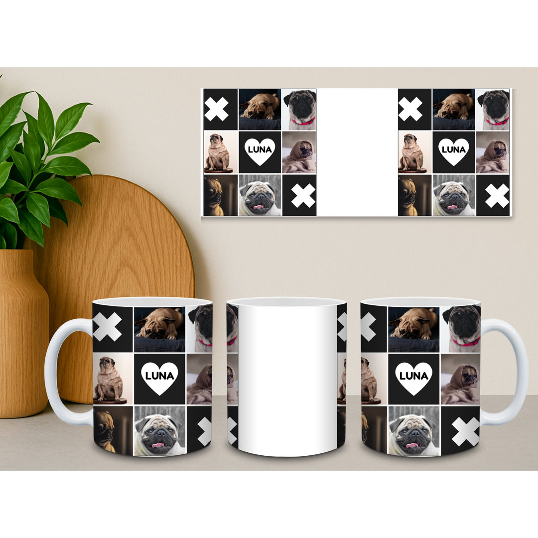 Personalised pet photo mug collage shown from multiple angles with custom pet photos and name
