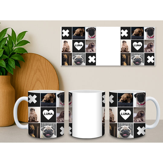 Personalised pet photo mug collage shown from multiple angles with custom pet photos and name