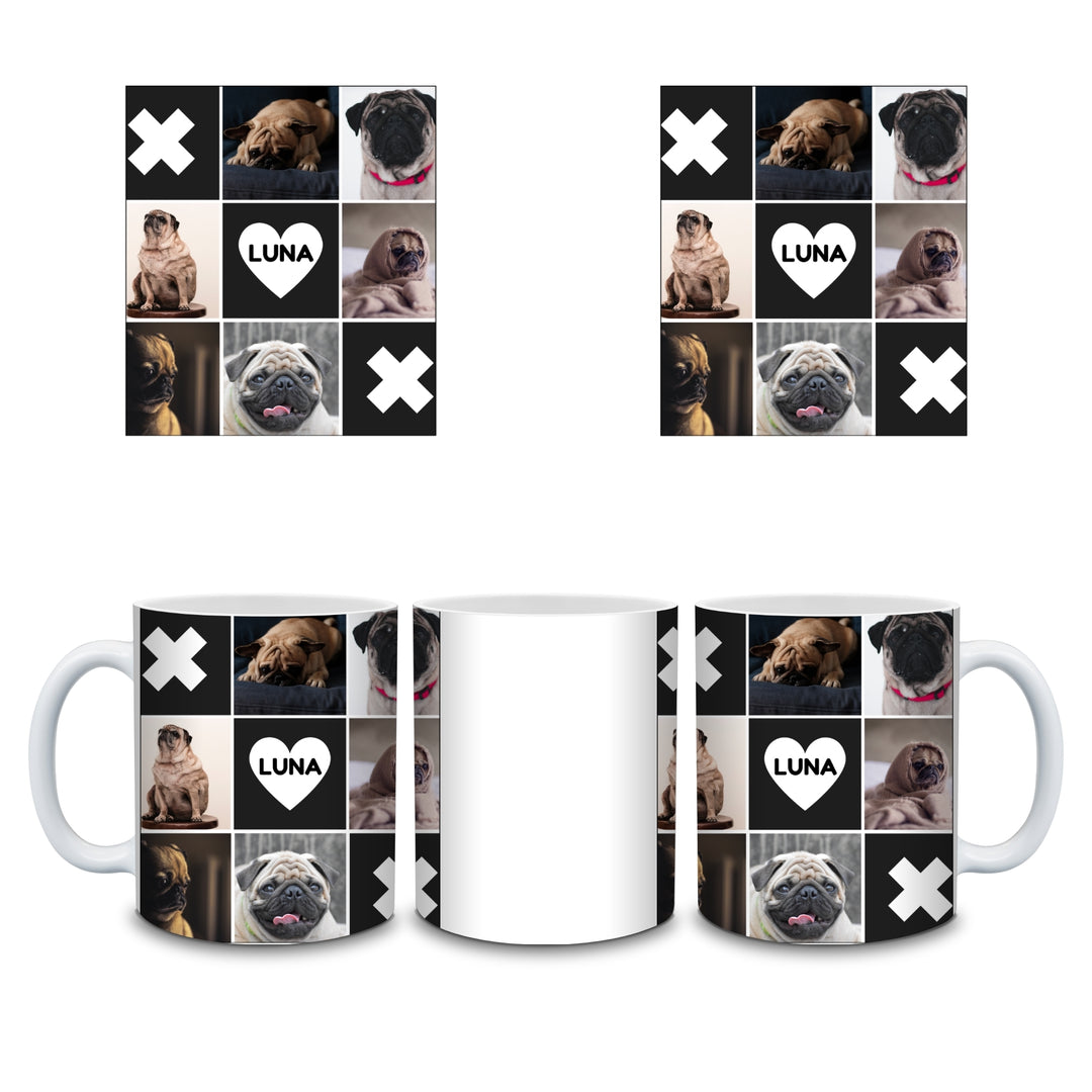 Wrap preview of a personalised pet photo mug collage with custom pet photos and name