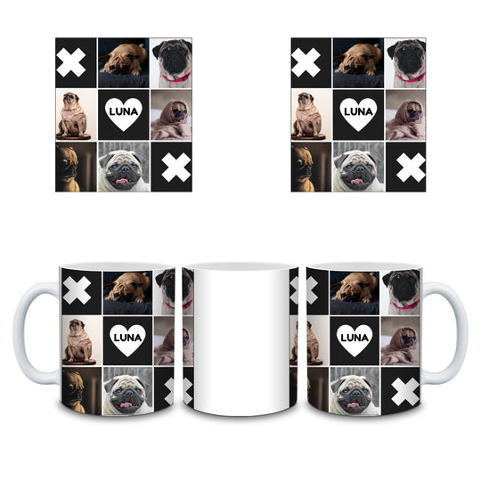 Wrap preview of a personalised pet photo mug collage with custom pet photos and name