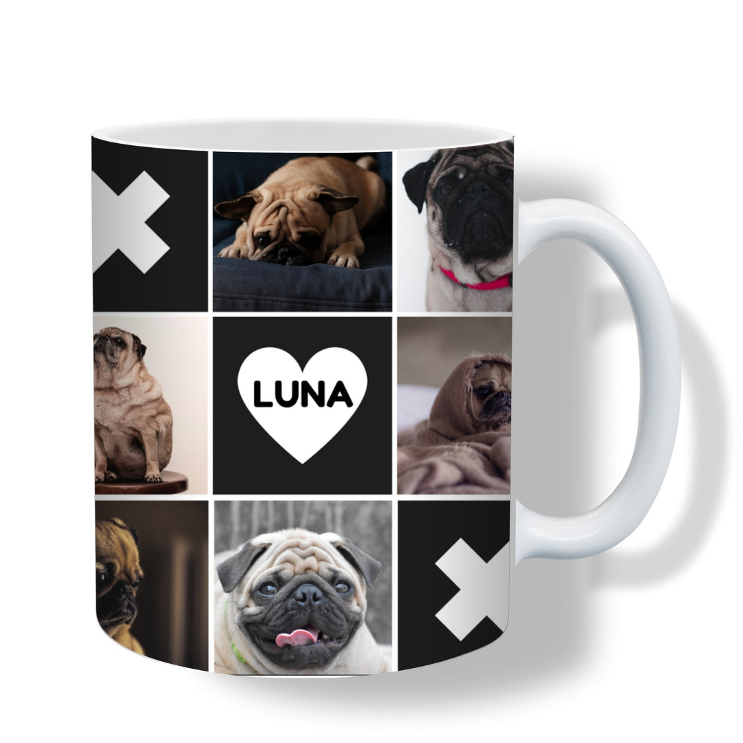 Personalised pet photo mug with six dog photos and name Luna inside a white heart
