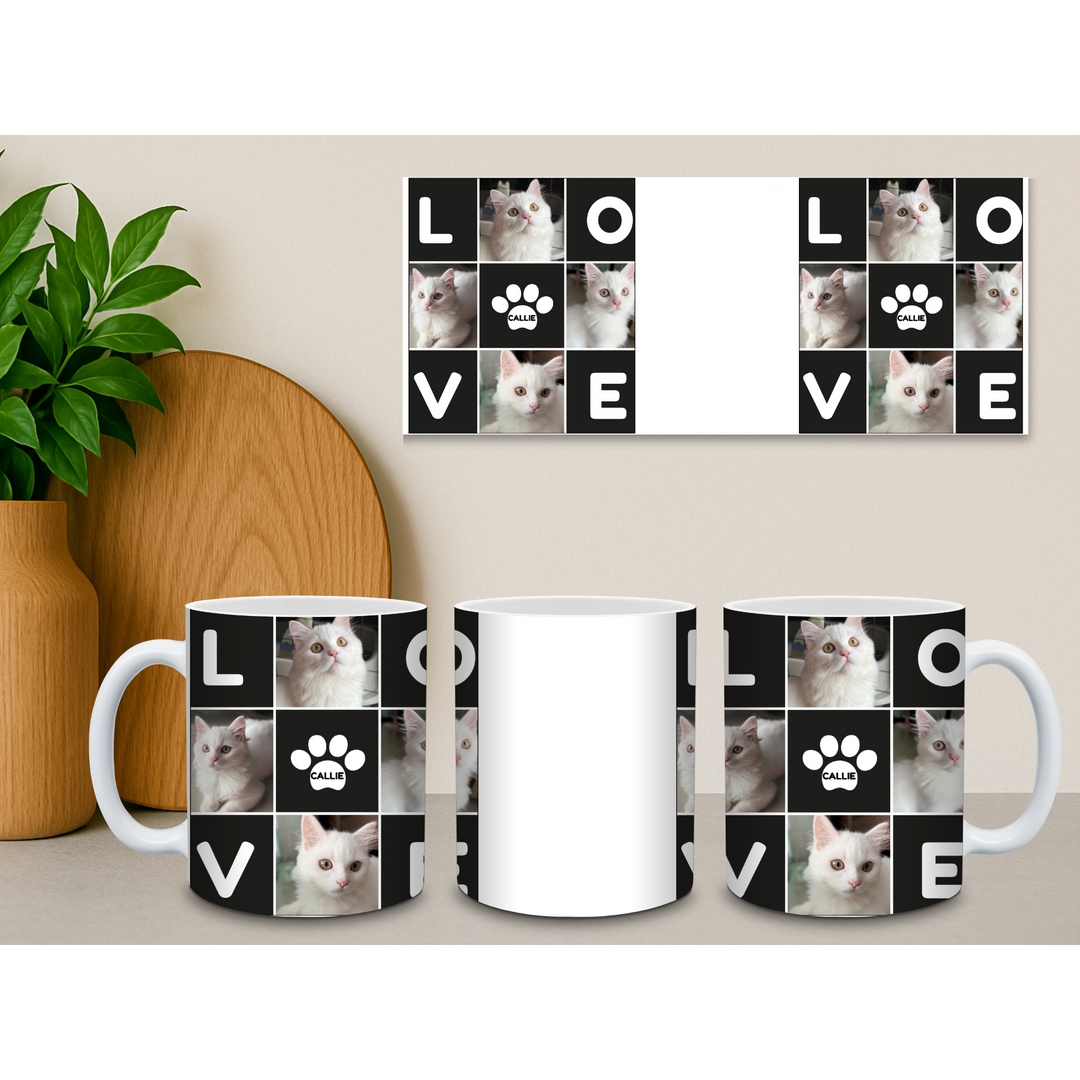Personalised pet photo mug in a lifestyle setting with LOVE collage and custom pet name