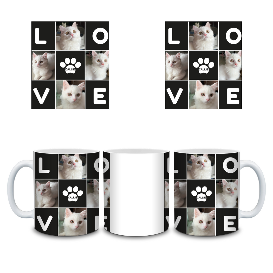 Wraparound preview of personalised pet photo mug with LOVE collage, four pet photos and custom name