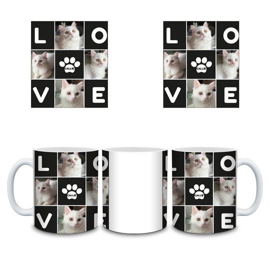 Wraparound preview of personalised pet photo mug with LOVE collage, four pet photos and custom name