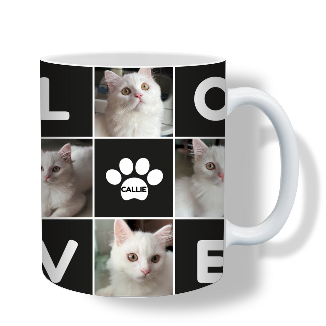 Personalised pet photo mug with four pet photos, LOVE collage and custom name inside a paw print