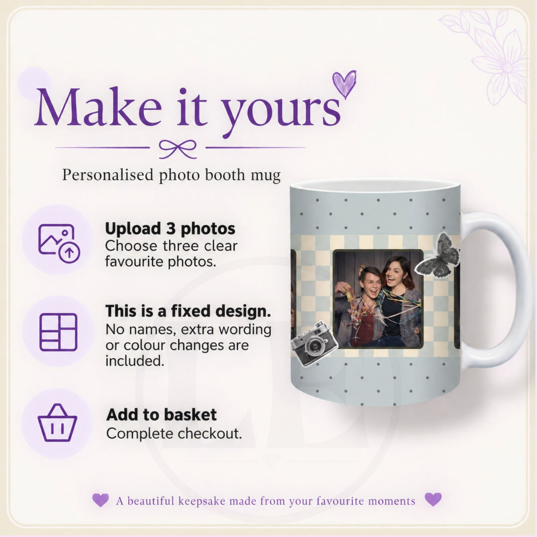 Personalisation guide for personalised photo booth mug showing 3 photo upload, fixed design and checkout steps