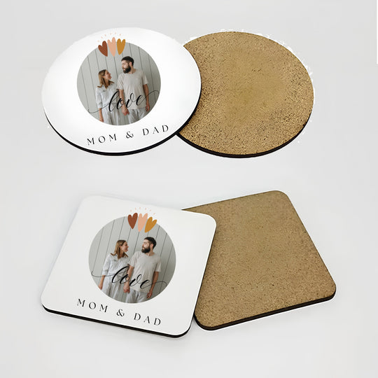 Round and square 9.5cm personalised Mum and Dad photo coaster options