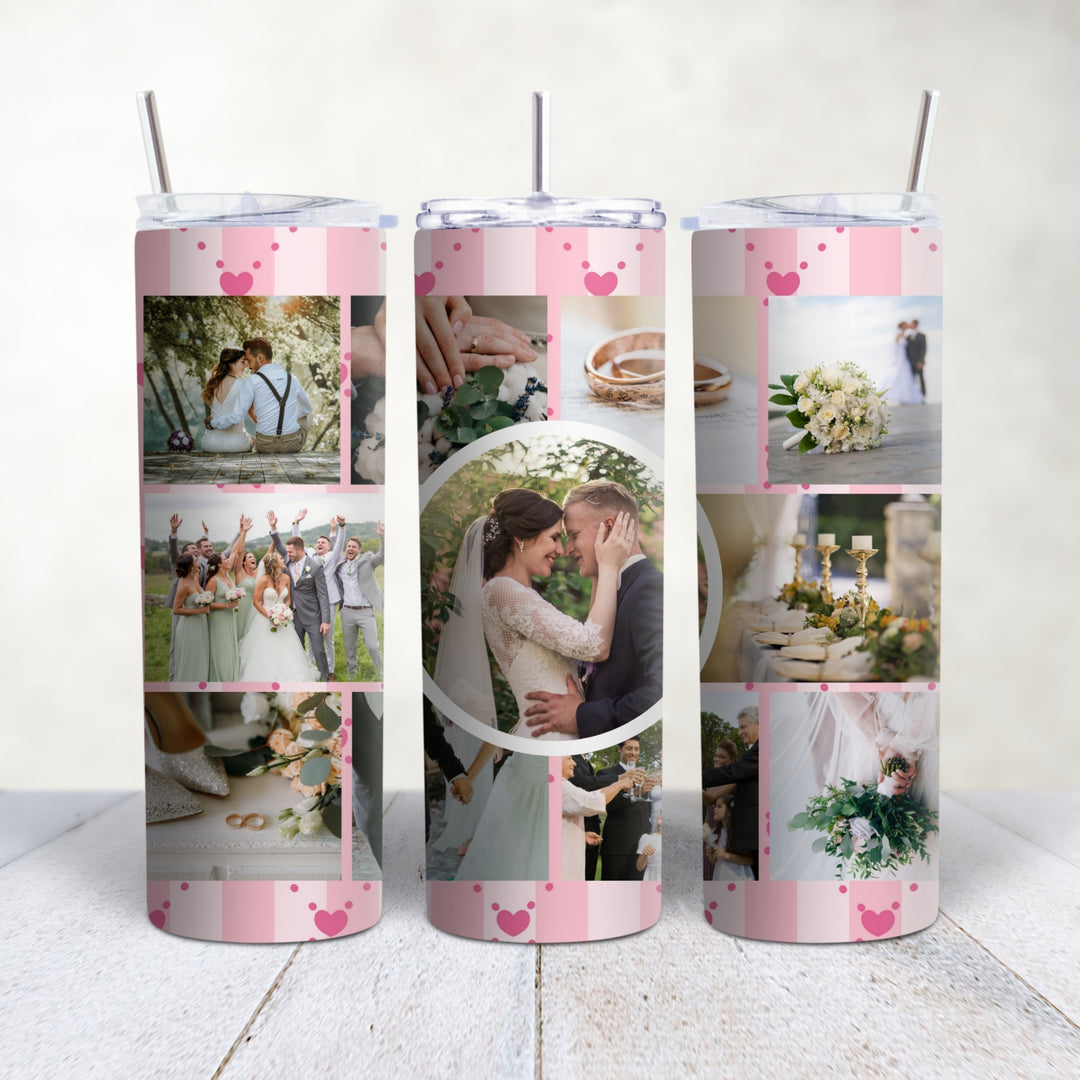 Personalised 20oz photo collage tumbler in pink hearts dots design
