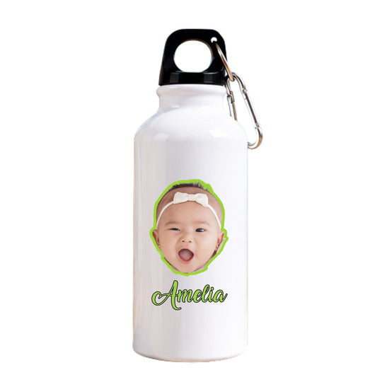 Personalised photo water bottle with baby photo and name Amelia